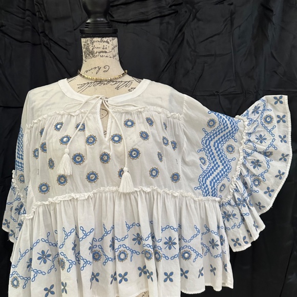 Anthropology Pure US, white/ blue short sleeve boho blouse, size M - Picture 2 of 6